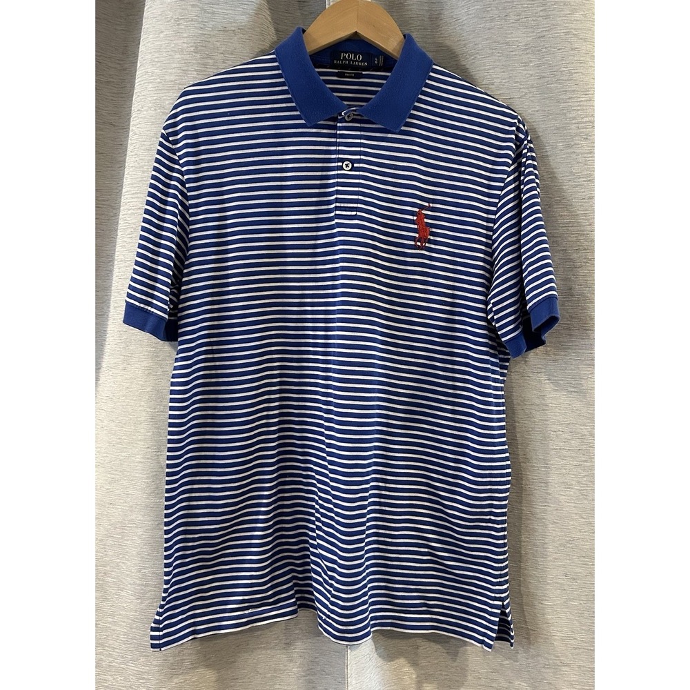 Polo Ralph Lauren Polo Shirt Men's L Blue Striped Big Pony Preppy Golf Pro Fit